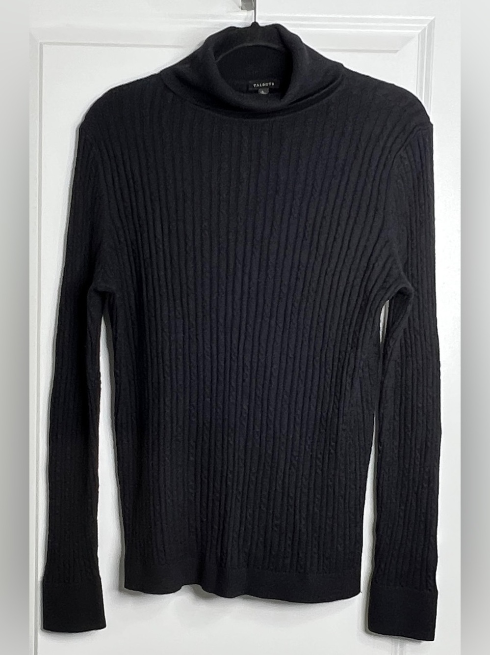 Talbots Black Ribbed & Cable Knit Turtleneck Sweater Size Large Cotton Blend